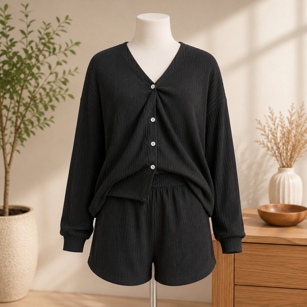 NWT Cupshe Cardigan and Shorts Lounge Set Womens Small Black Ribbed Knit 2 Piece